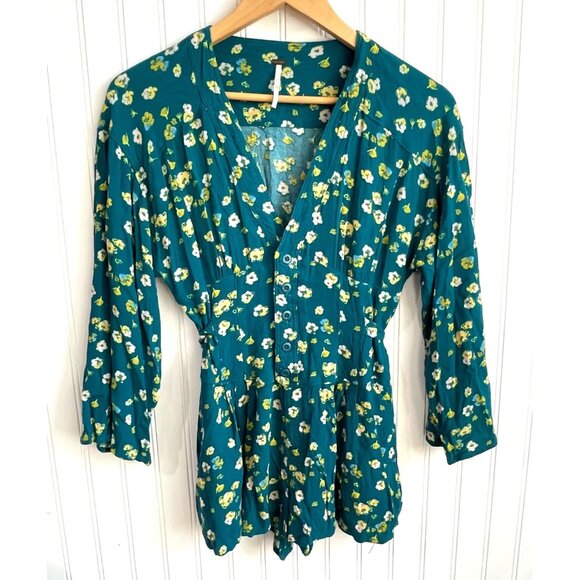 Free People O L'amour Romper Womens 2 Blue Green Floral Half‎ Button Up Boho - Picture 1 of 12